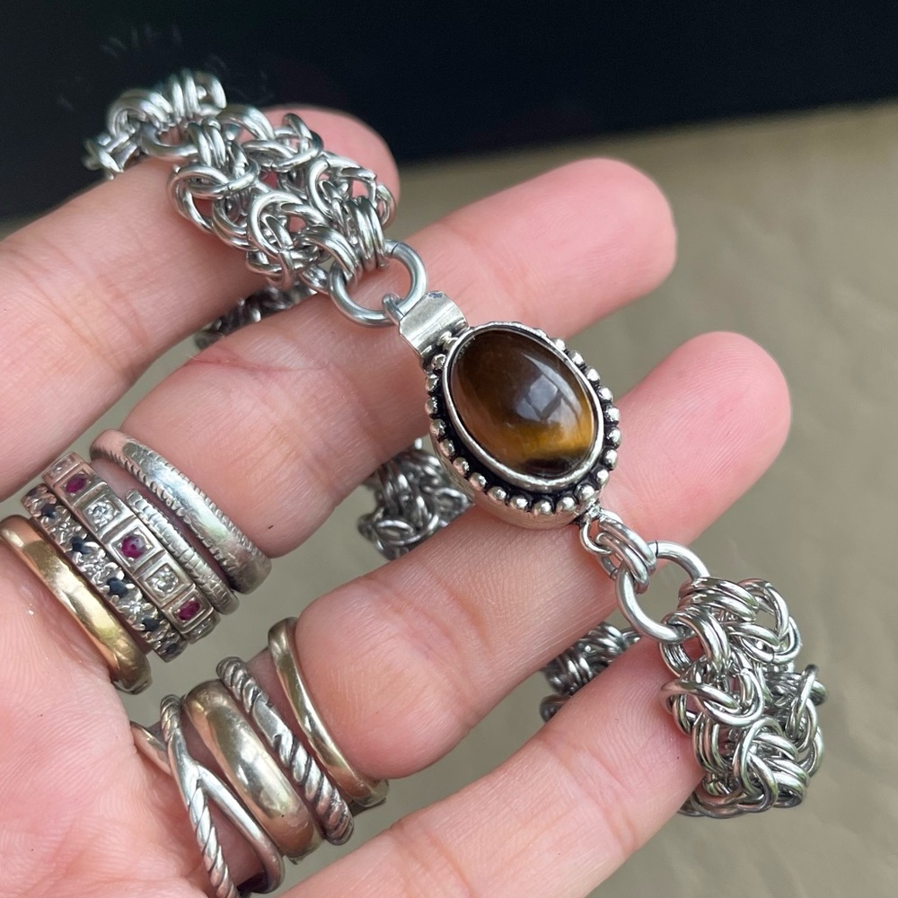 Maille stainless steel tiger eye bracelet . Handmade chain link - Picture 5 of 16